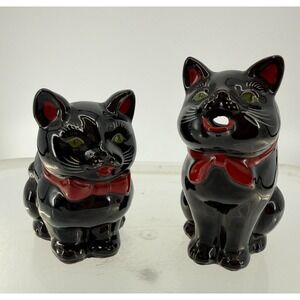 VTG Shafford Black Cat Creamer & Sugar Bowl Set Red Bow Japan Halloween 1950's